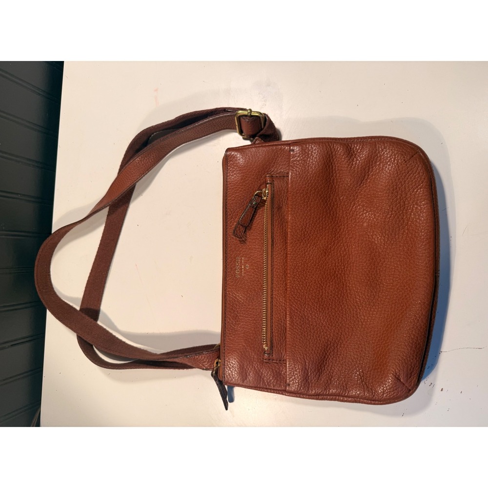 Fossil Issue No 1954 Cognac Pebbled Leather Crossbody Bag Brown Brass Hardware